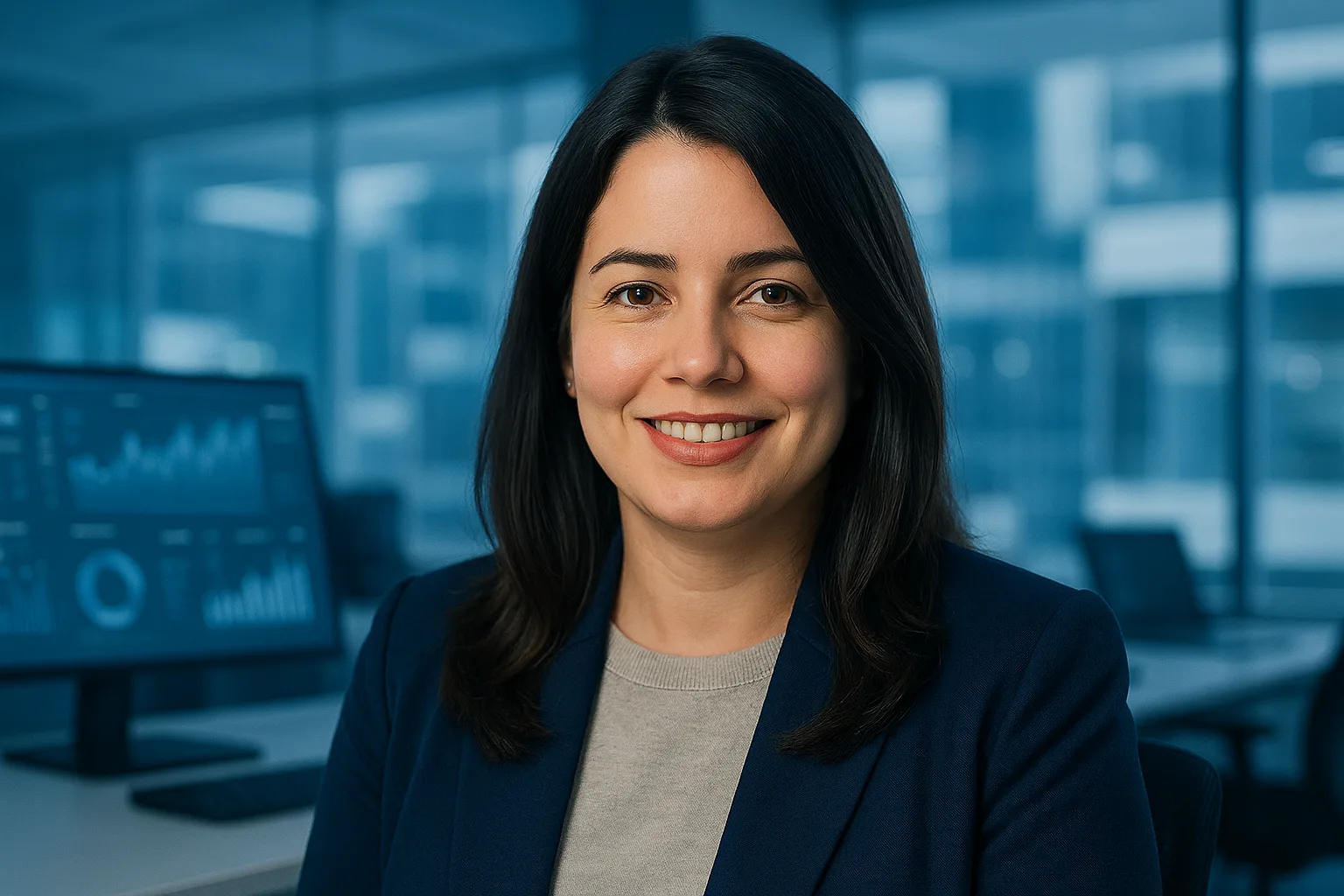 Fotografía profesional de Johanna Castillo en un entorno corporativo moderno con tonos azules, sonriendo y vistiendo una chaqueta azul marino, representando su perfil como consultora SAP.
