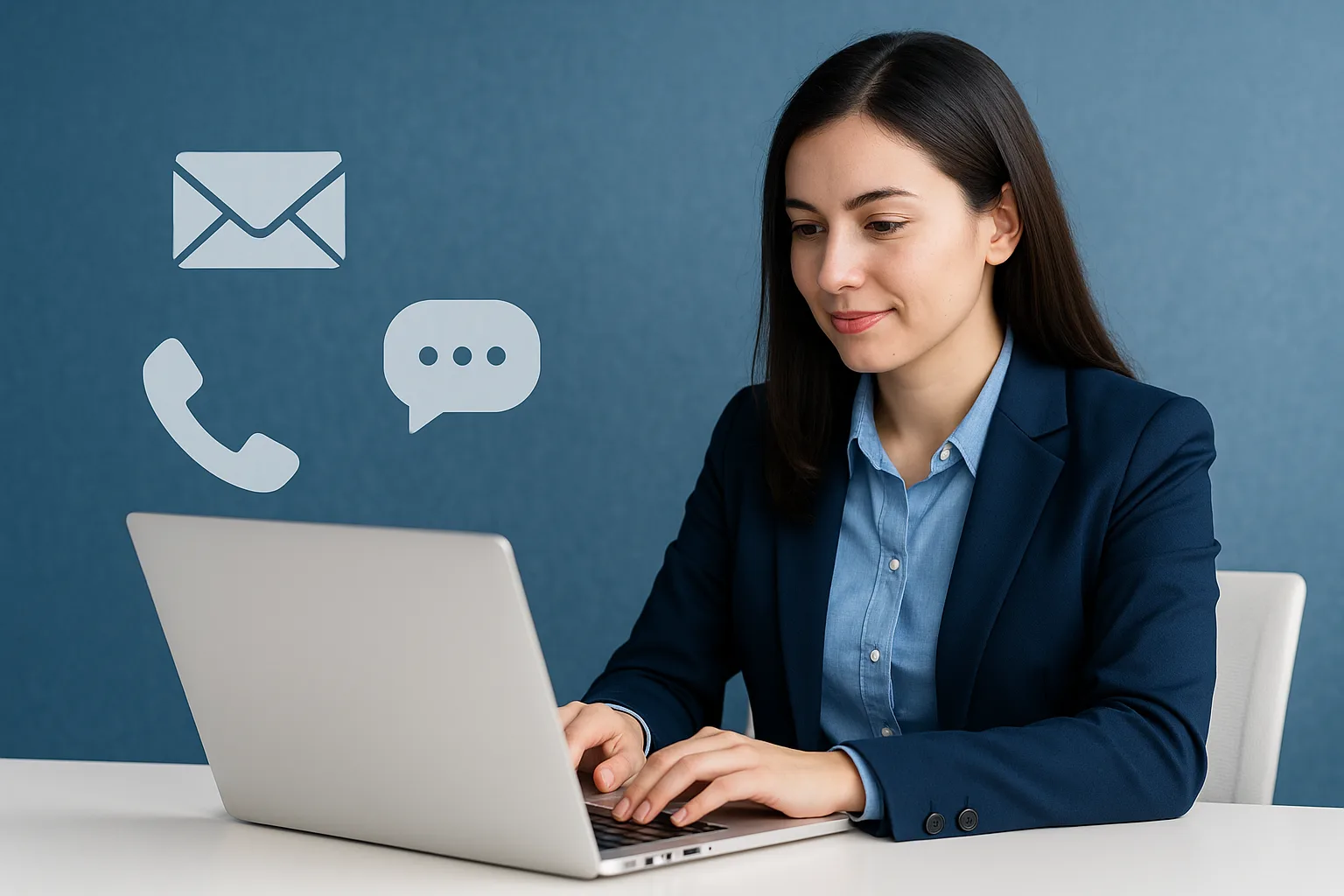 Mujer profesional vestida con blazer azul trabajando en un portátil sobre un escritorio blanco, con iconos de correo, teléfono y mensaje al fondo, representando comunicación y contacto empresarial.